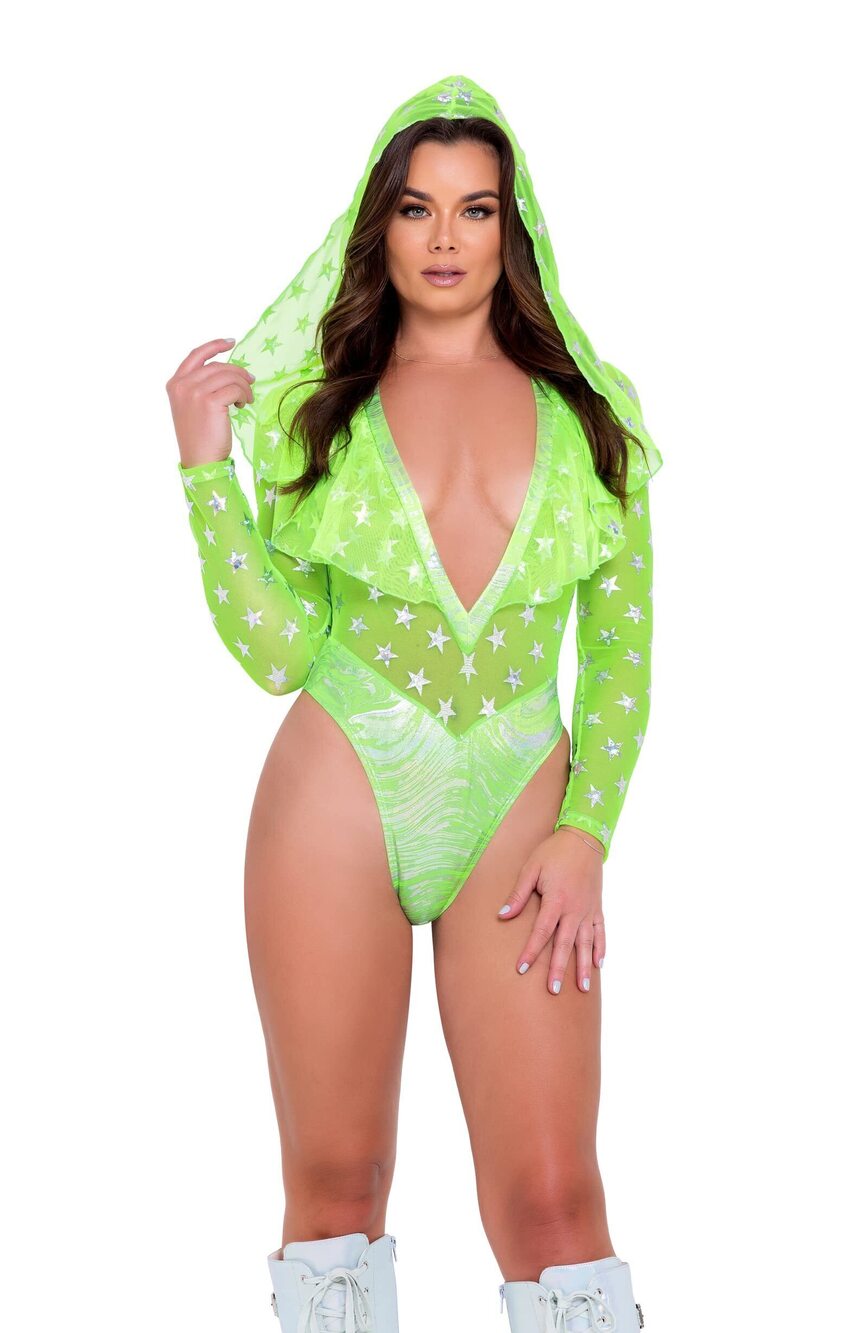 7304 Roma Standard Mesh with Stars Print Two-Tone Hooded Romper